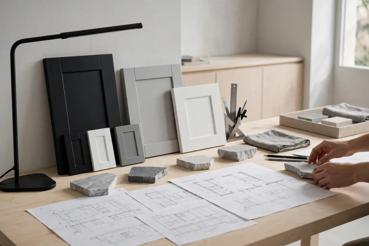 A design desk with cabinet door samples, stone offcuts and drawings