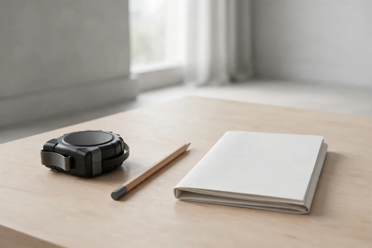 A tidy table with a tape measure, a pencil and a notebook