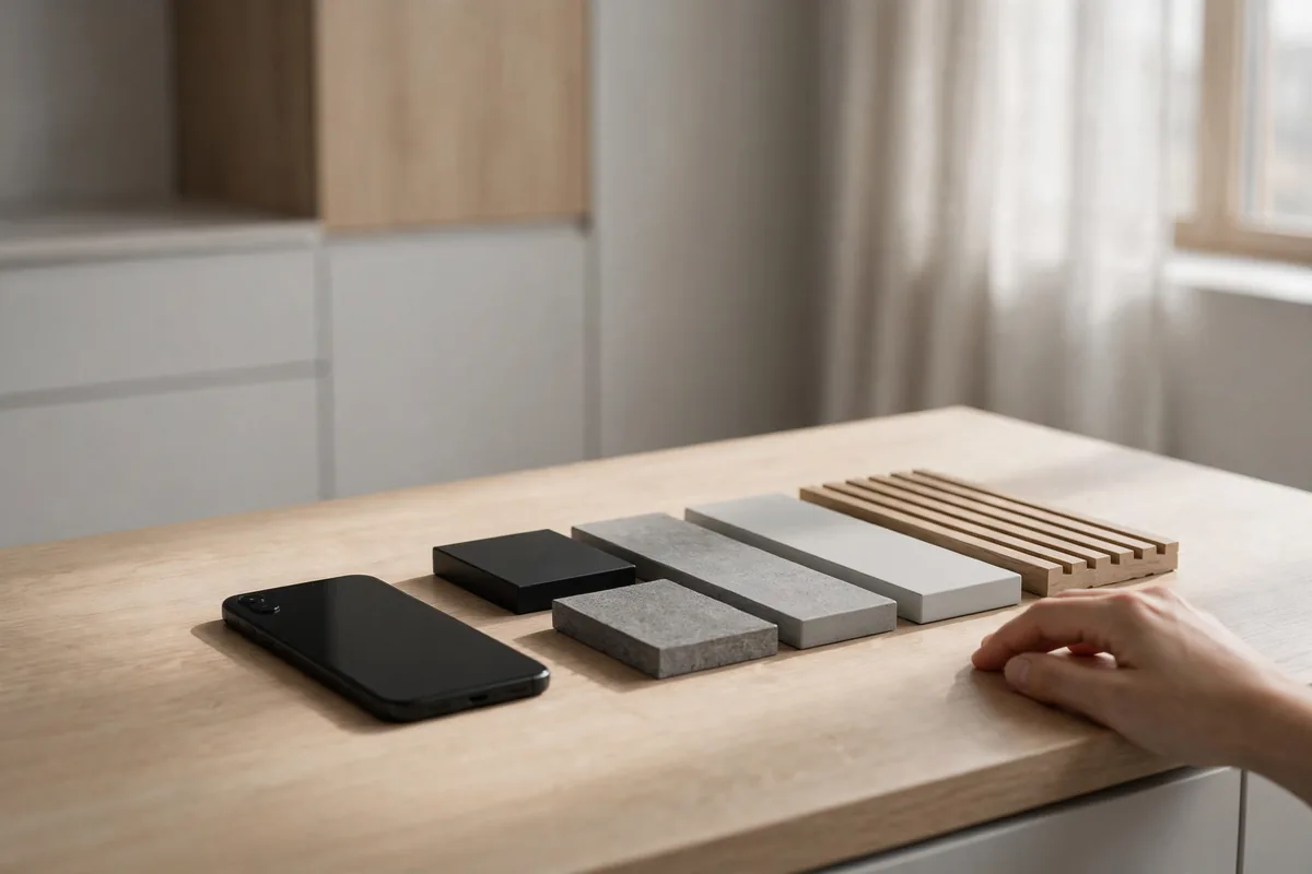 A phone beside cabinet samples