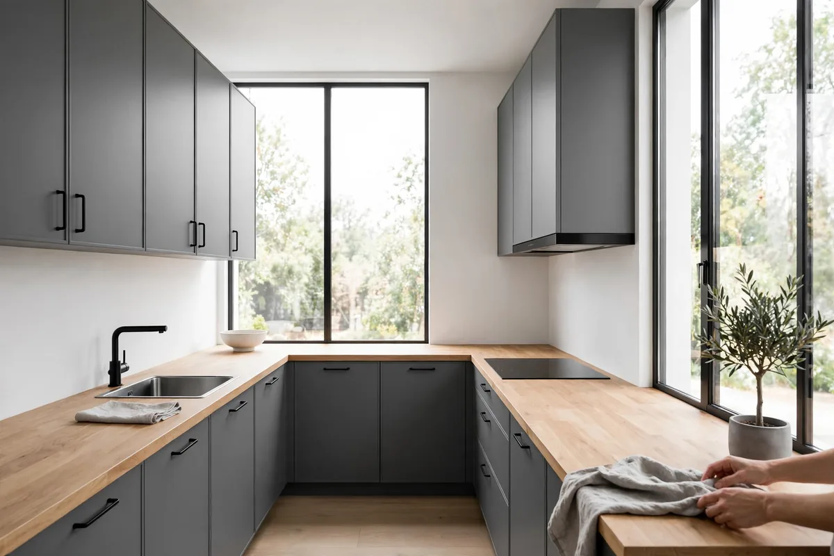 An L-shaped kitchen with grey cabinets and a wood worktop