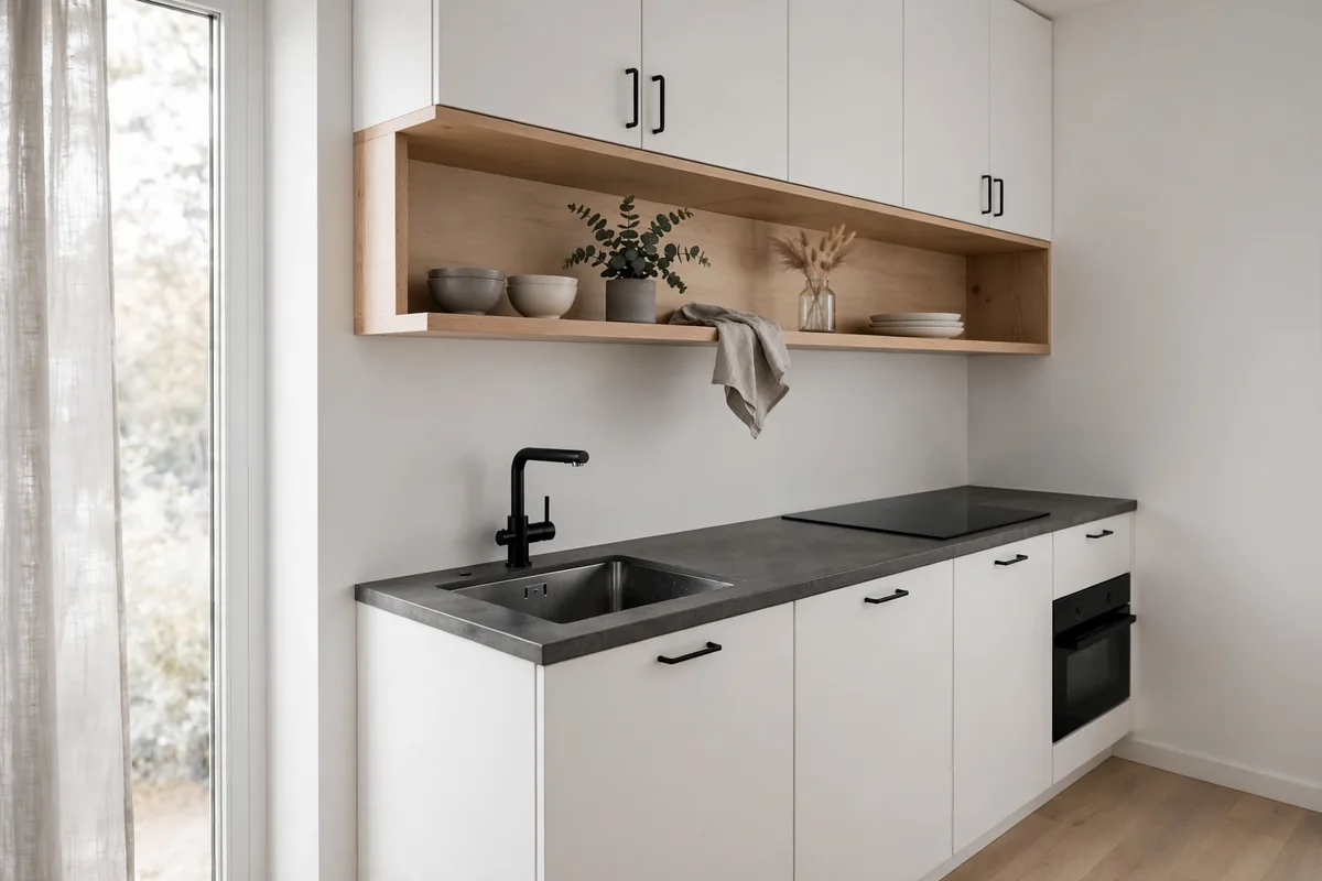 A one-wall kitchen with white cabinets and open shelves